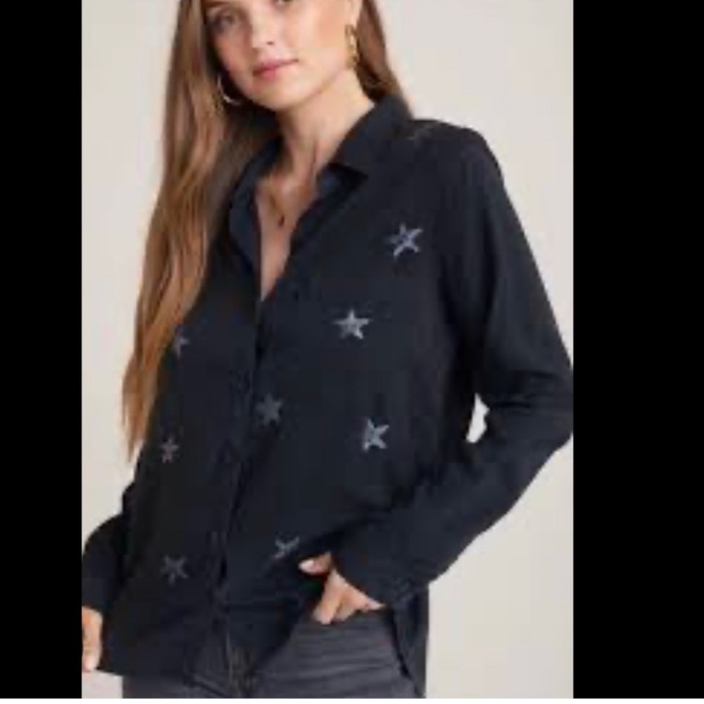 Bella Dahl Navy Star Print Button Down Pop Over Blouse Size Small